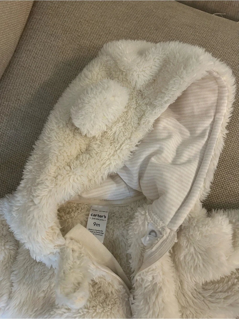Carters Plush Cream Hooded Baby One-Piece Romper